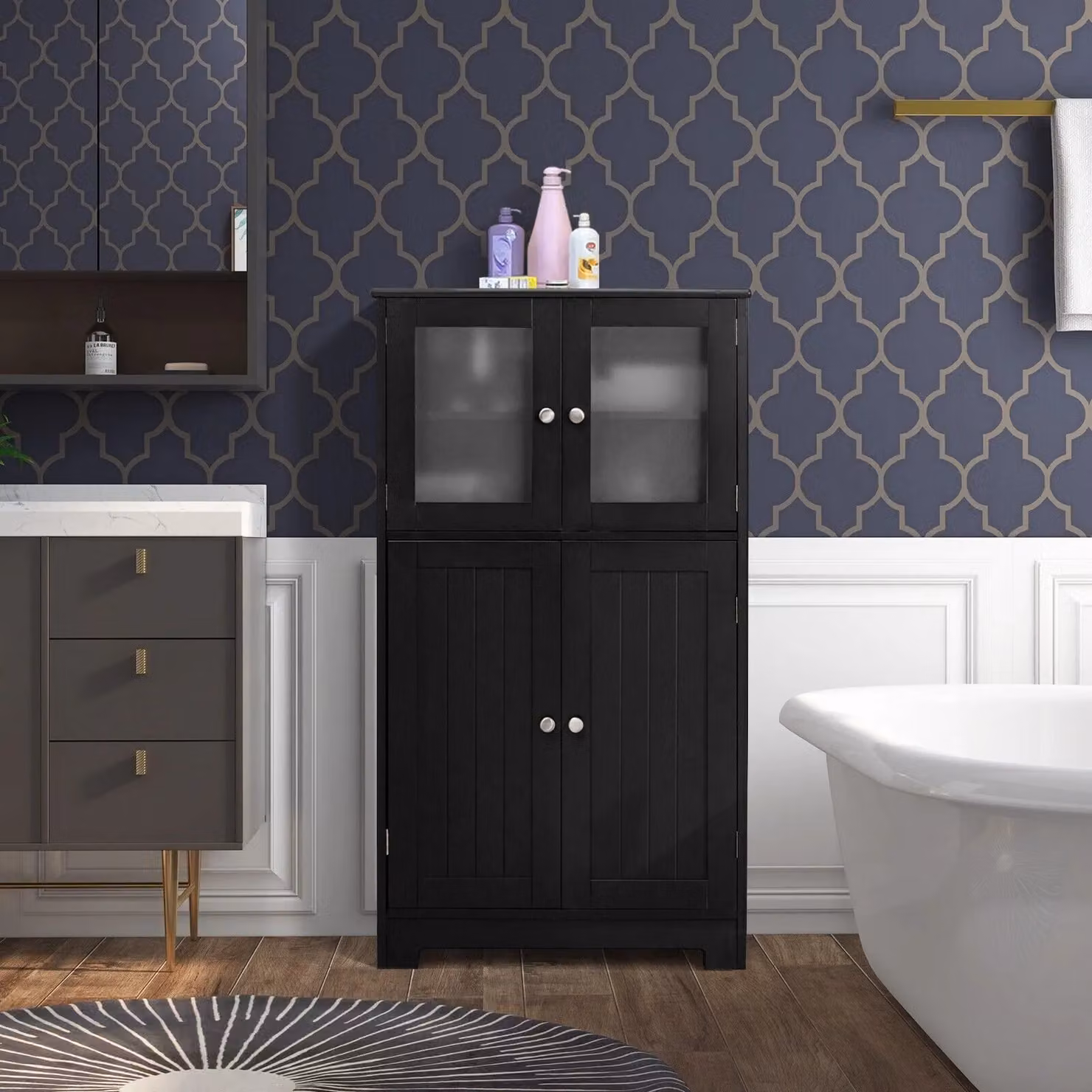 Costway Black Freestanding Bathroom Floor Cabinet with 2 Tempered Glass Doors and Internal Shelves – 4