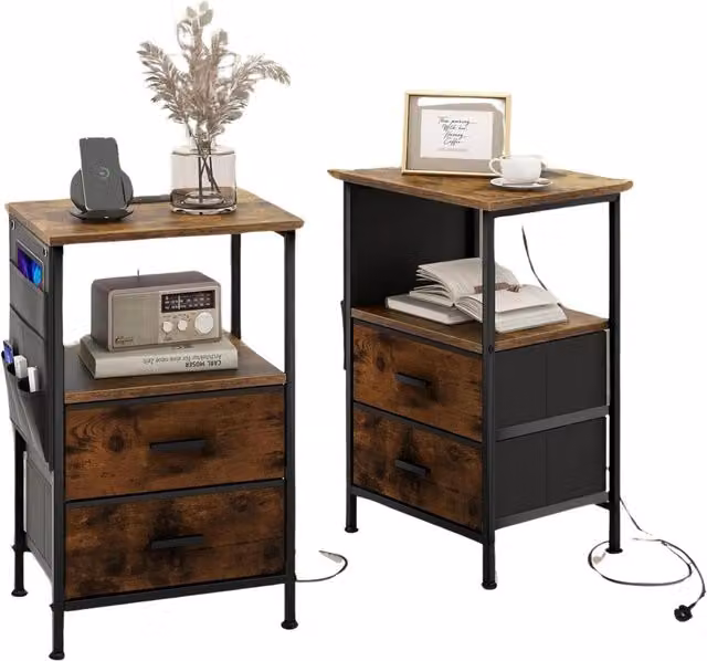 Pirlo Plush Set of 2 Industrial Bedroom Bedside Tables with Charging Station in Brown