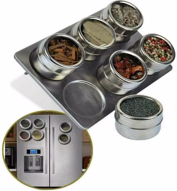 MantraRaj 6 Piece Magnetic Herb and Spice Tin Jar Set with Holder Stand in Silver and Transparent Stainless Steel