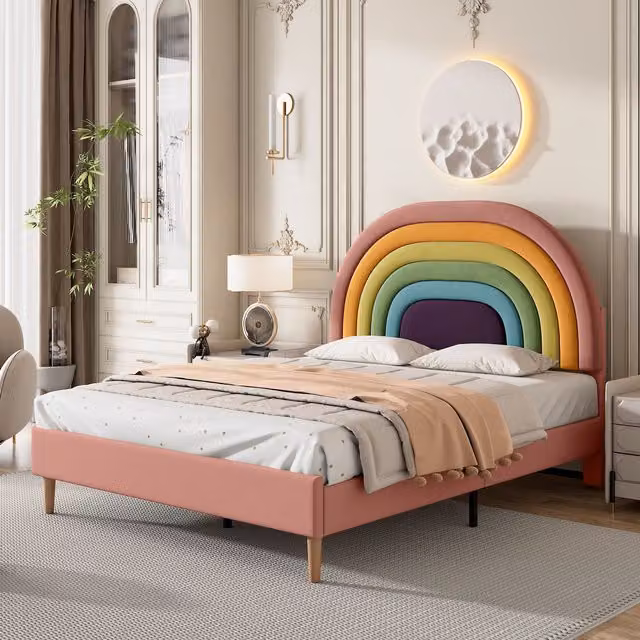 HomeTouch Alara Velvet Double Bed Frame with Rainbow Headboard in Pink and Multicolour, W: 139 cm x D: 190 cm x H: 32 cm – 1