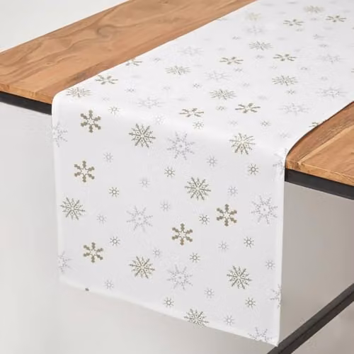 Homescapes Christmas Cotton Table Runner in White and Gold with Star Design