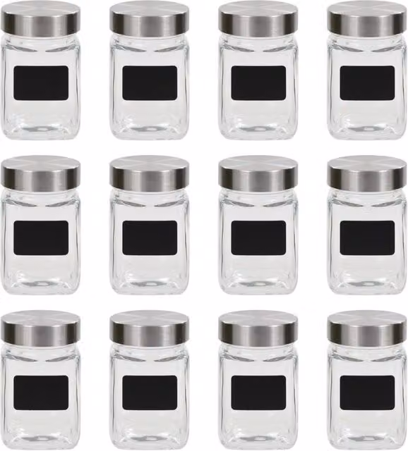 Berkfield 12 Piece Glass Home Storage Jars with Stickers, Black, 300 ml each