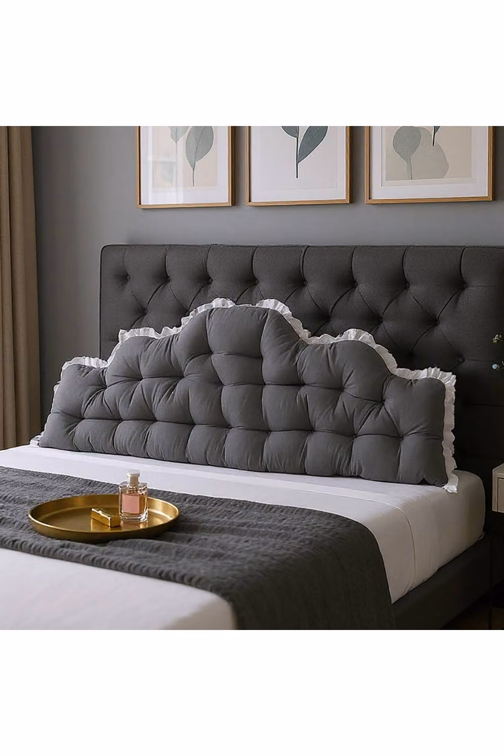 Living and Home Upholstered Headboard Pillow with Ruffle Trim in Grey and White – 2