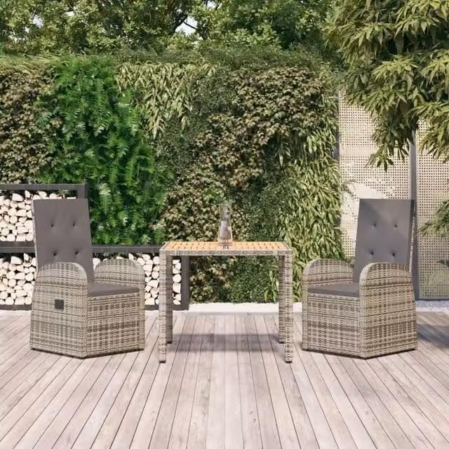 Berkfield Home 3 Piece Garden Dining Set in Grey Poly Rattan and Solid Acacia Wood