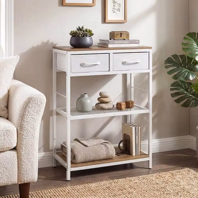 KORVIXA 3-Tier Rustic White Wood and Metal Entryway Storage Rack, Width: 100 cm