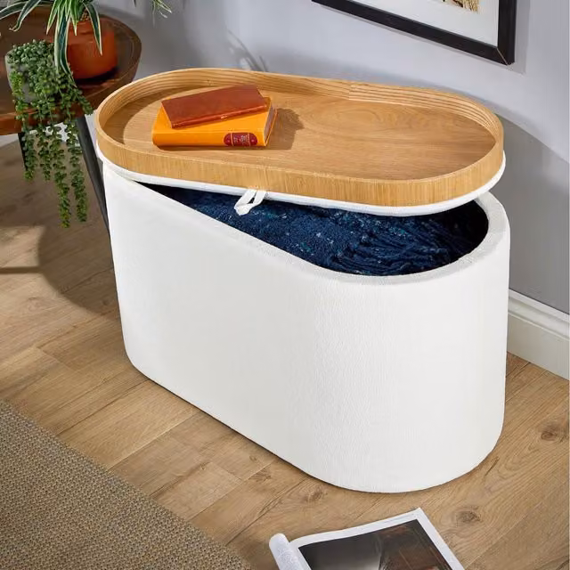Home Source Merida White Boucle Ottoman with Reversible Tray Lid