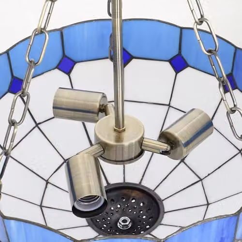 HOMCOM Vintage Tiffany Style Ceiling Light, Blue and White Glass Chandelier with Copper Finish, Diameter: 34 cm – 5