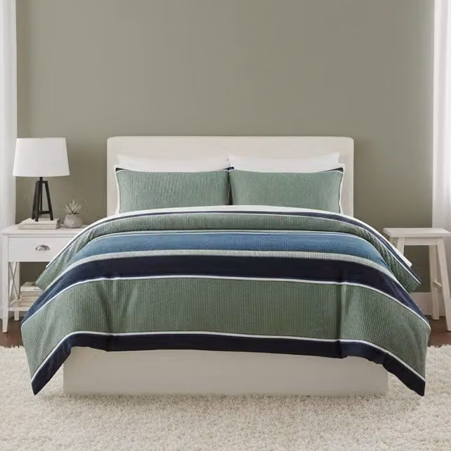 Snug City Green and Blue Striped Modern Duvet Set with Pillowcases, Single, W: 90 cm, H: 200 cm