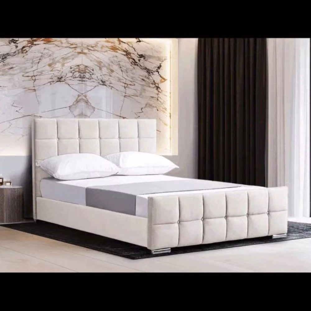 Stratus Interiors Malta Cubed Upholstered Plush Velvet Bed Frame in Cream, Super King Size (200 x 200 cm) – 2