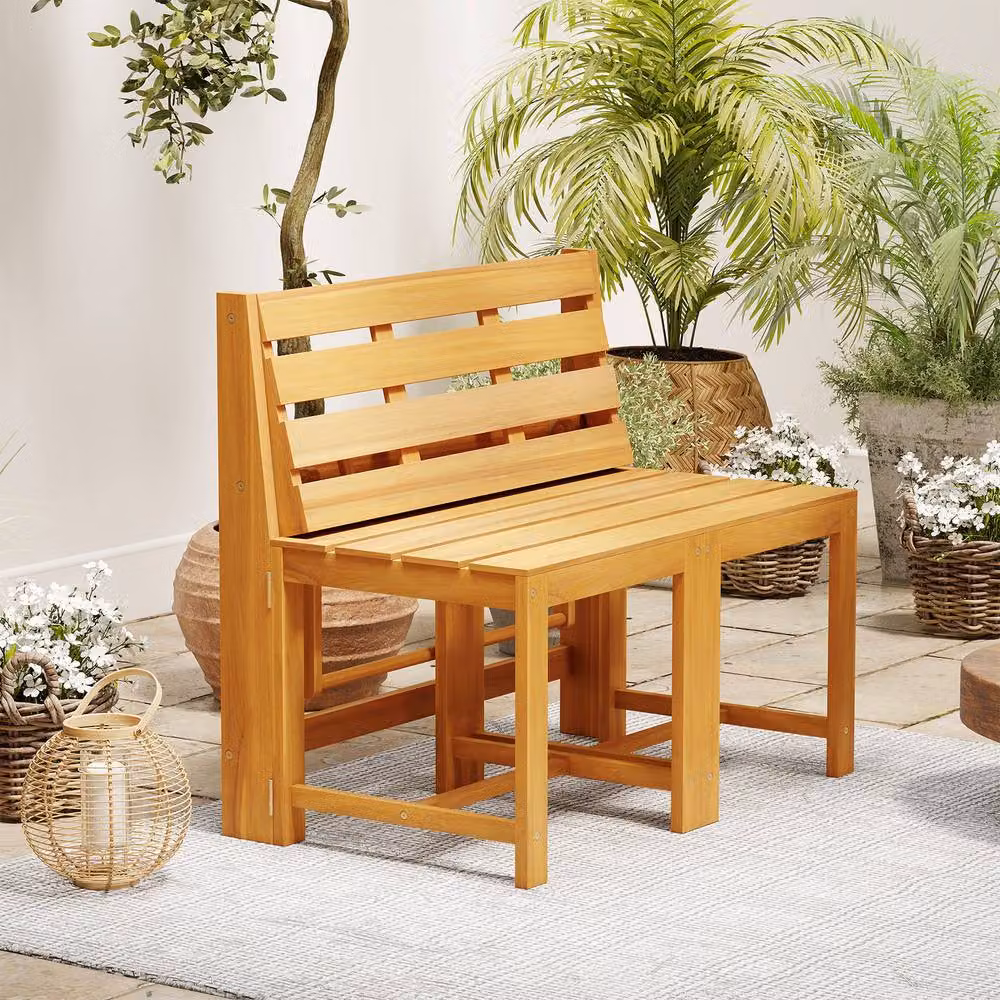 Gymax 3-in-1 Outdoor Dining Table with 2 Built-in Chairs and 2-Tier Plant Stand in Natural Brown Acacia Wood – 3