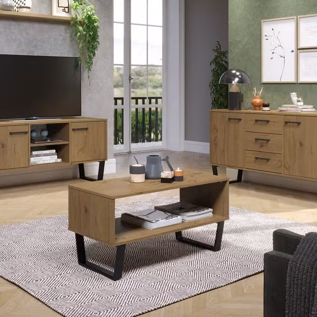 Texas Open Rectangular Coffee Table by Core Products Ltd in Antique Waxed Pine and Metal, Brown and Black