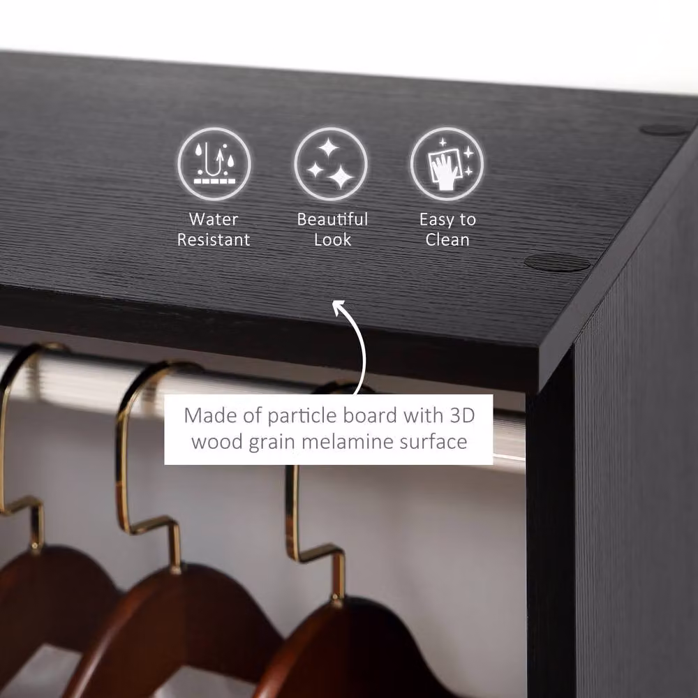 HOMCOM Mobile Double Open Wardrobe with Clothes Hanging Rail and Internal Shelves, Black – 4