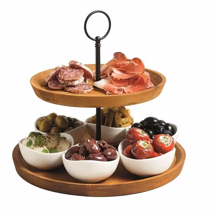Artesa Two-Tier Serving Stand and Tapas Set in Light Brown Acacia Wood and Porcelain – 3