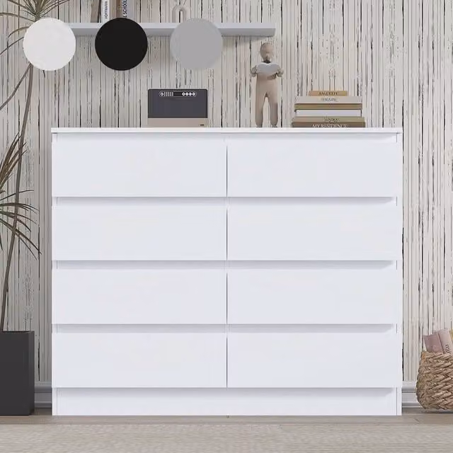 FLAVORA White 8-Drawer Wooden Bedroom Chest of Drawers