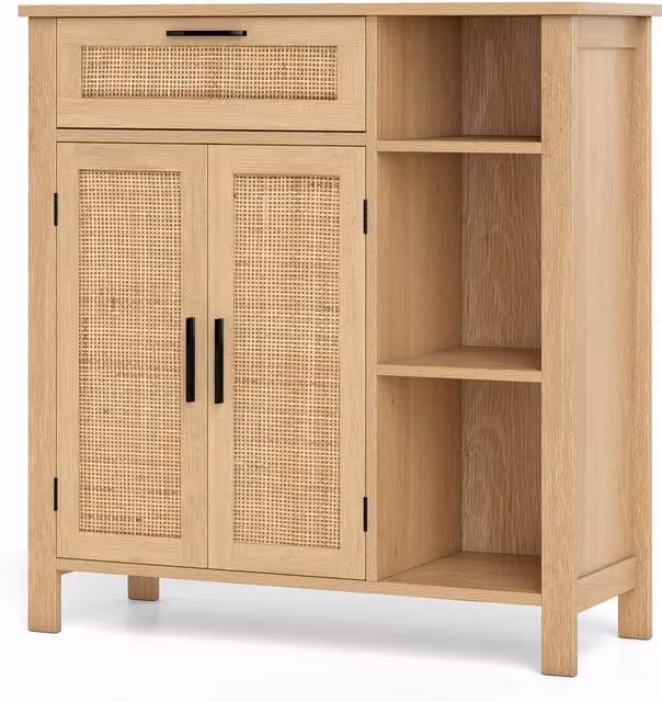 COSTWAY Boho Rattan Buffet Sideboard Storage Cabinet in Brown and Beige