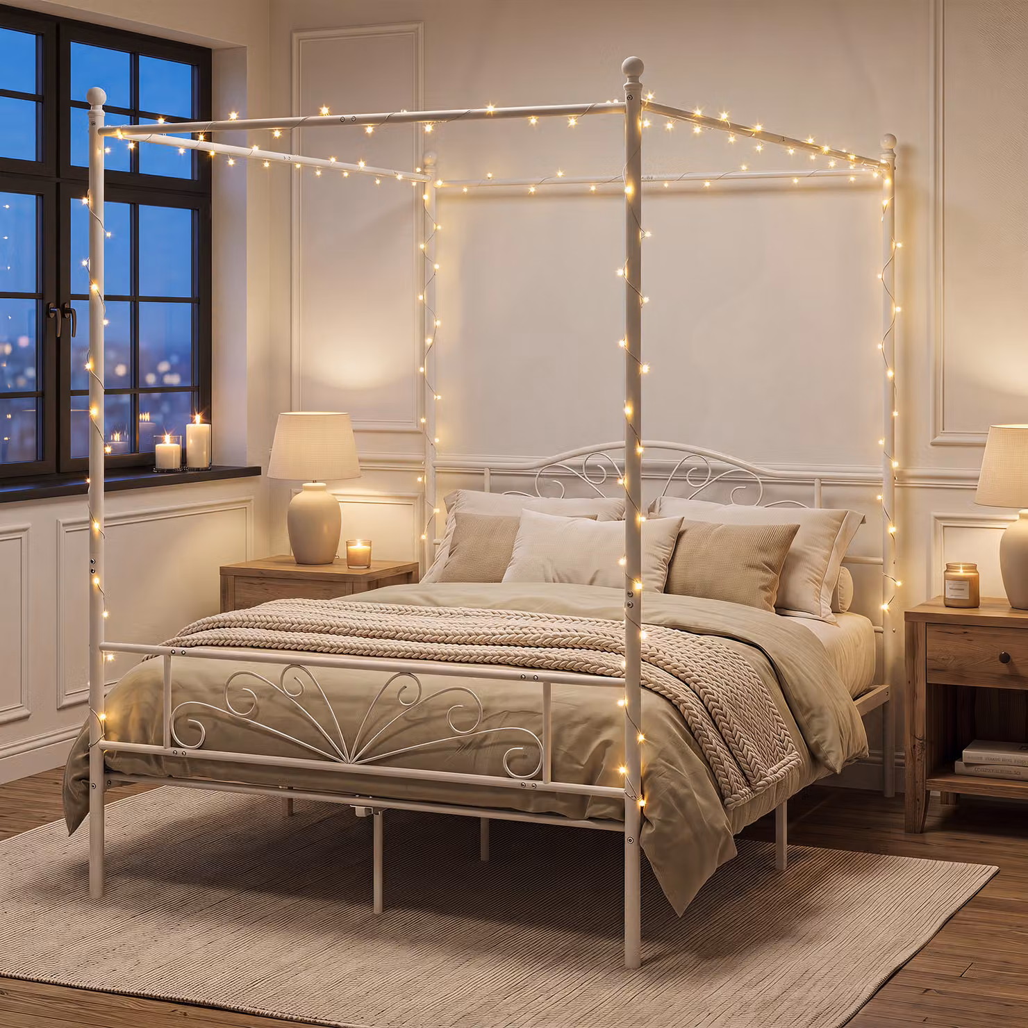 HOMCOM Double Size Metal Canopy Bed Frame with Headboard, Footboard and Underbed Storage in White – 4