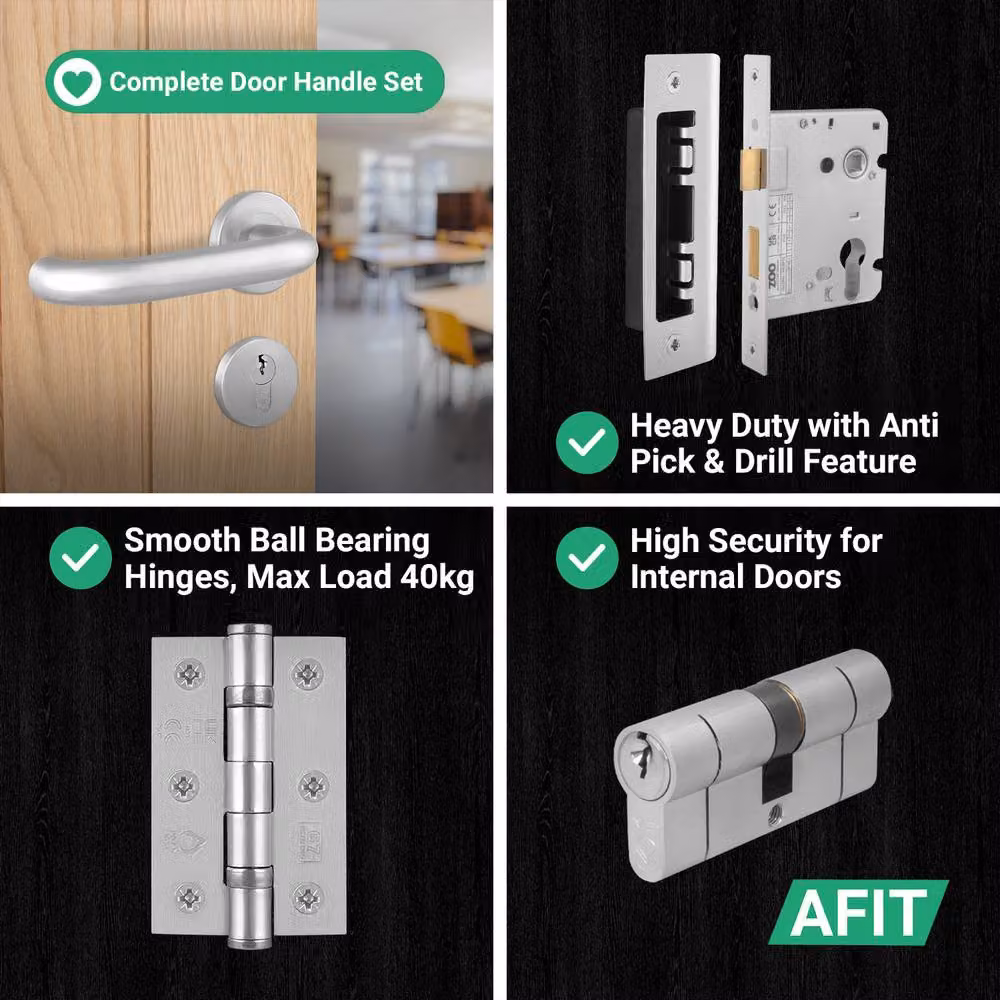 AFIT Satin Stainless Steel Return to Door Handles with Euro Double Cylinder Hinges in Silver, 150 x 150 mm – 3