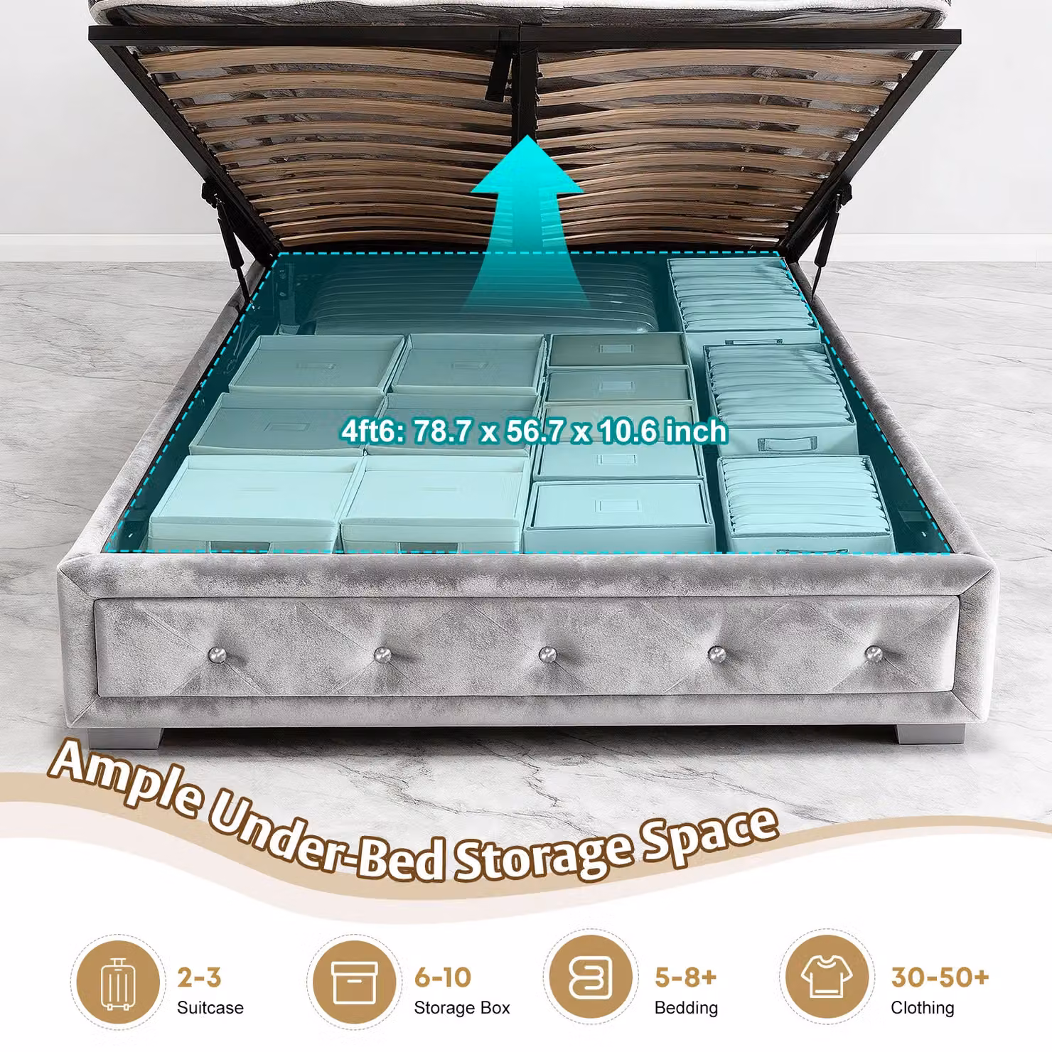 Comfy Living Ltd Silver Crushed Velvet Upholstered Bedframe with Lift Up Base, W/D/H: 140 x 200 x 110 cm – 4