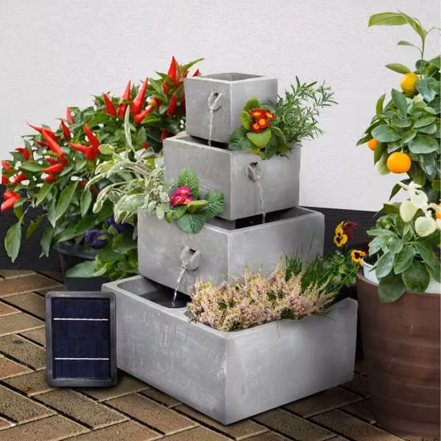 Primrose Perth 4 Tier Solar Powered Cascade Water Feature and Planter with LEDs in Grey