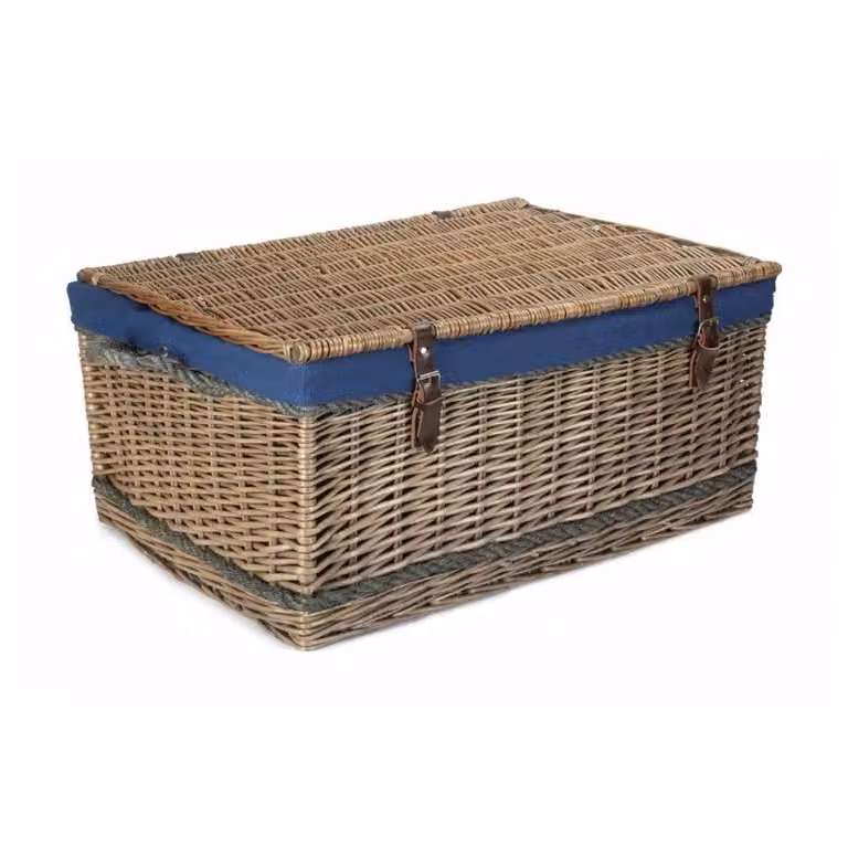 Red Hamper Antique Wash Picnic Basket with Rope Handles in Blue, Width: 72 cm