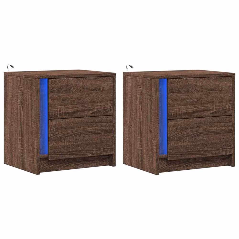 Berkfield Home Set of 2 Modern Brown Oak Bedside Cabinets with Integrated LED Lighting – 3