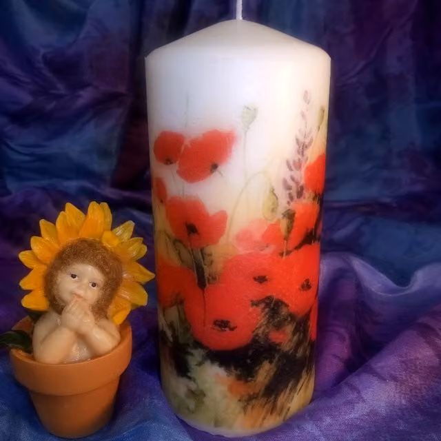 Viki White Poppy Flower Floral Pillar Candle Set of 2