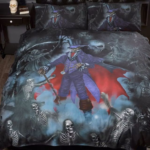 Alchemy Magistus Gothic Skeleton Duvet Cover and Pillowcase Set, Black, W/D/H: 135 x 200 cm and 50 x 75 cm