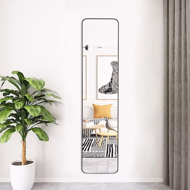 Livingandhome Modern Rectangular Full Length Mirror in Black with Metal and Glass Construction for Hanging or Adhesive Mounting