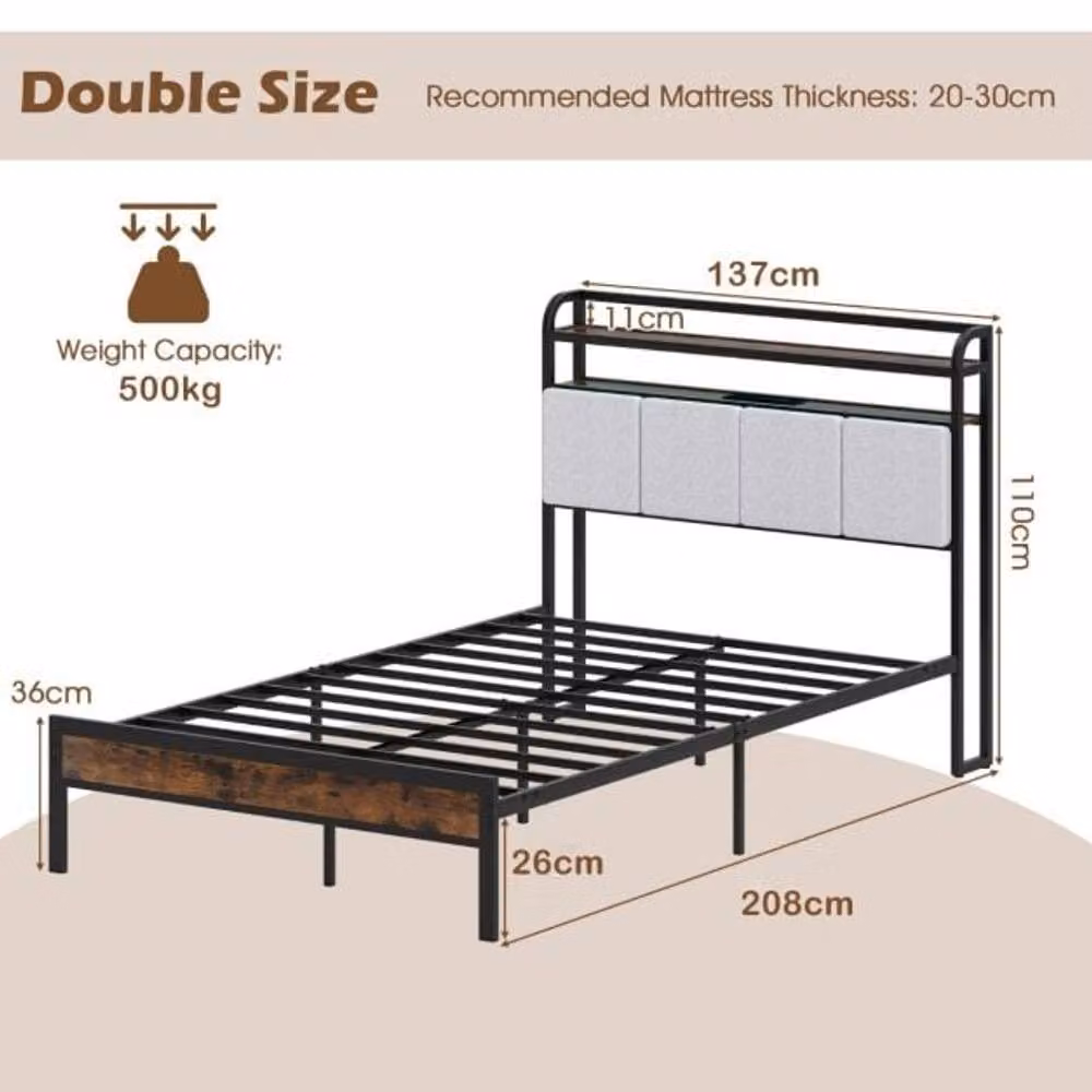 Costway Double Size Bed Frame in Brown with LED Under-Bed Lighting, USB Charging Port and Side Compartments, 140 x 200 cm – 3