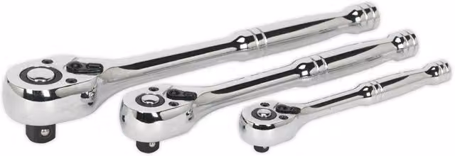 Loops 3 Piece Flip Reverse Ratchet Wrench Set in Silver and Multicolour, Chrome Vanadium and Stainless Steel, 1/4, 3/8 and 1/2 Inch Sq Drive