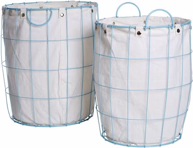 Orsina Set of Two Round Wire Laundry Baskets with Handles and Removable Cotton Bags in Blue and Grey