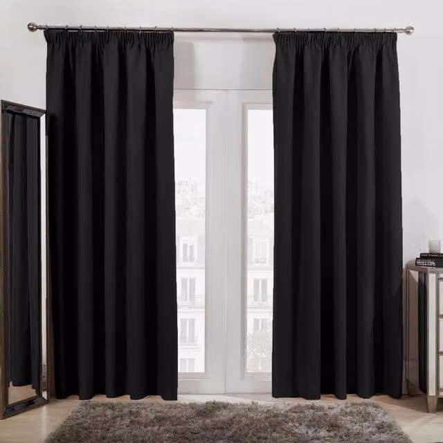 Dreamscene Pair of Black Thermal Pencil Pleat Blackout Curtains, Black, Width: 182 cm, Height: 167 cm