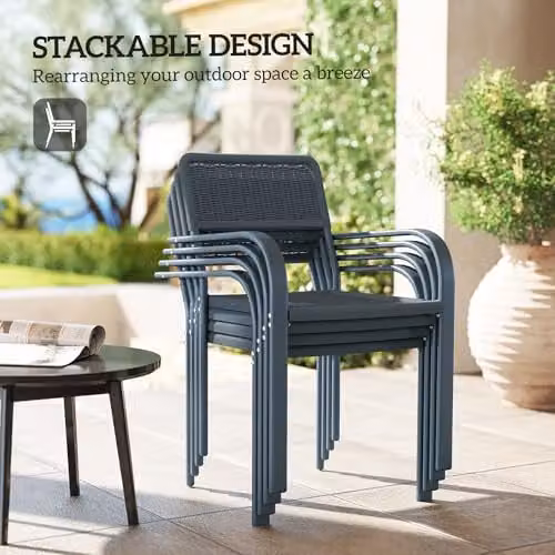 Outsunny Set of 4 Stackable Rattan and Metal Garden Dining Chairs in Dark Grey – 7