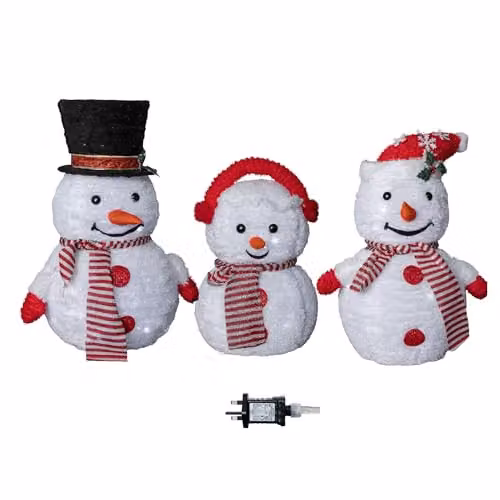 Samuel Alexander Set of 3 White Light up Foldable Cloth Christmas Snowmen with 130 White LEDs, Height: 70 cm – 6