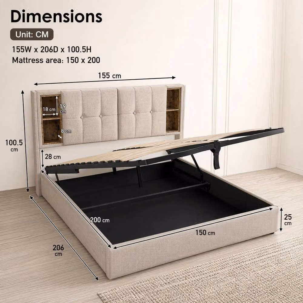 STILVORA King Size Upholstered Bed in Sand with Wireless Charging, Storage and Bedside Shelf, W/D/H: 180 x 200 x 152.4 cm – 2