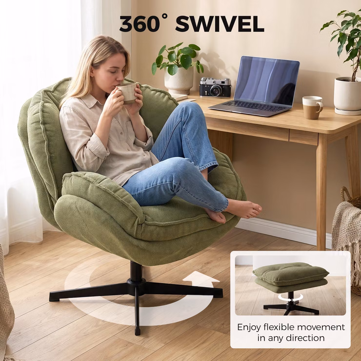 HOMCOM Green Chenille Swivel Armchair with Adjustable Footstool and Thick Cushion – 4