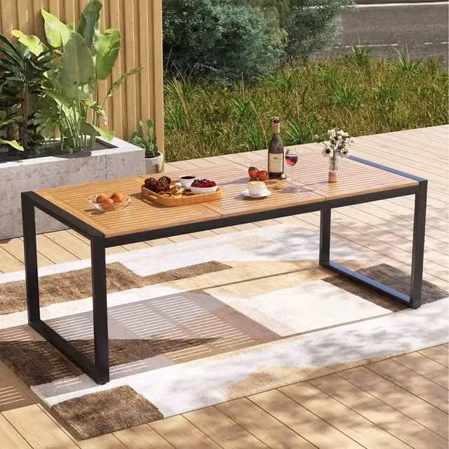 Costway Modern Brown Acacia Wood and Metal 8-Person Rectangular Patio Dining Table