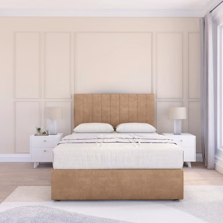 Sloomy Kansas Super King Divan Bed Base and 54 inch Floor Standing Headboard in Light Sand Microfibre Fabric