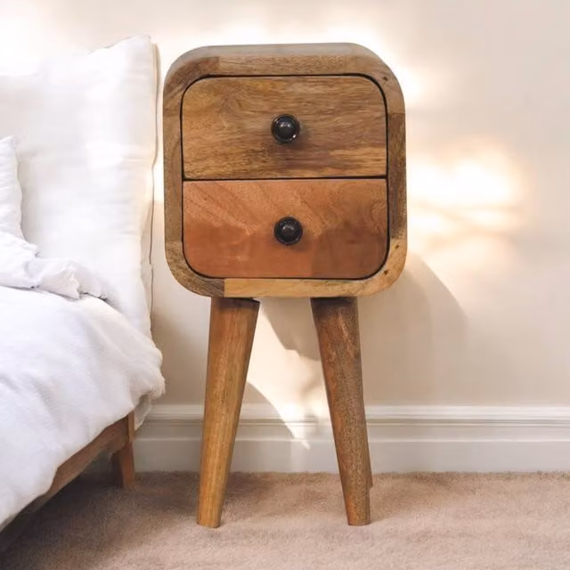 Artisan Furniture Mango Wood Extra Mini Curved Bedside Table with 2 Drawers, Brown