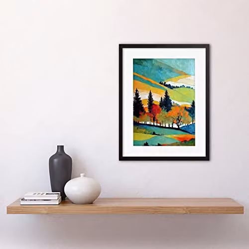 Wee Blue Coo Colourful Autumn Landscape Scotland Hillside Forest Framed Oil Painting Wall Art Print, W/H: 30.5 x 40.6 cm – 2