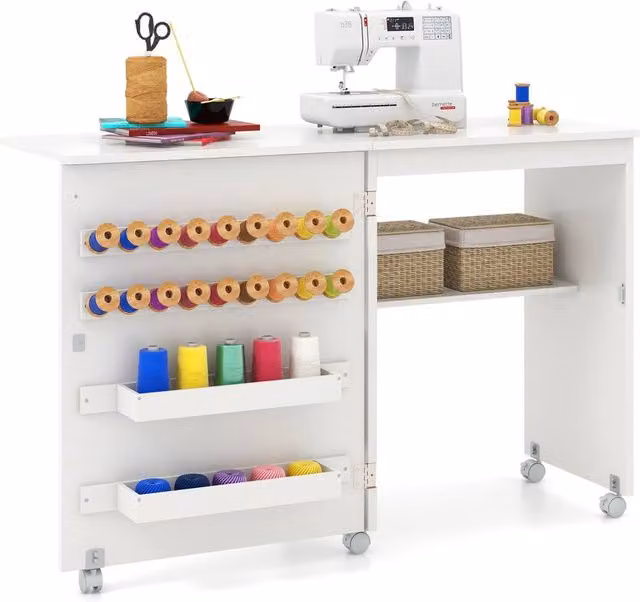 Costway Folding Sewing Table and Multipurpose Craft Station with Storage in Black and White – 1
