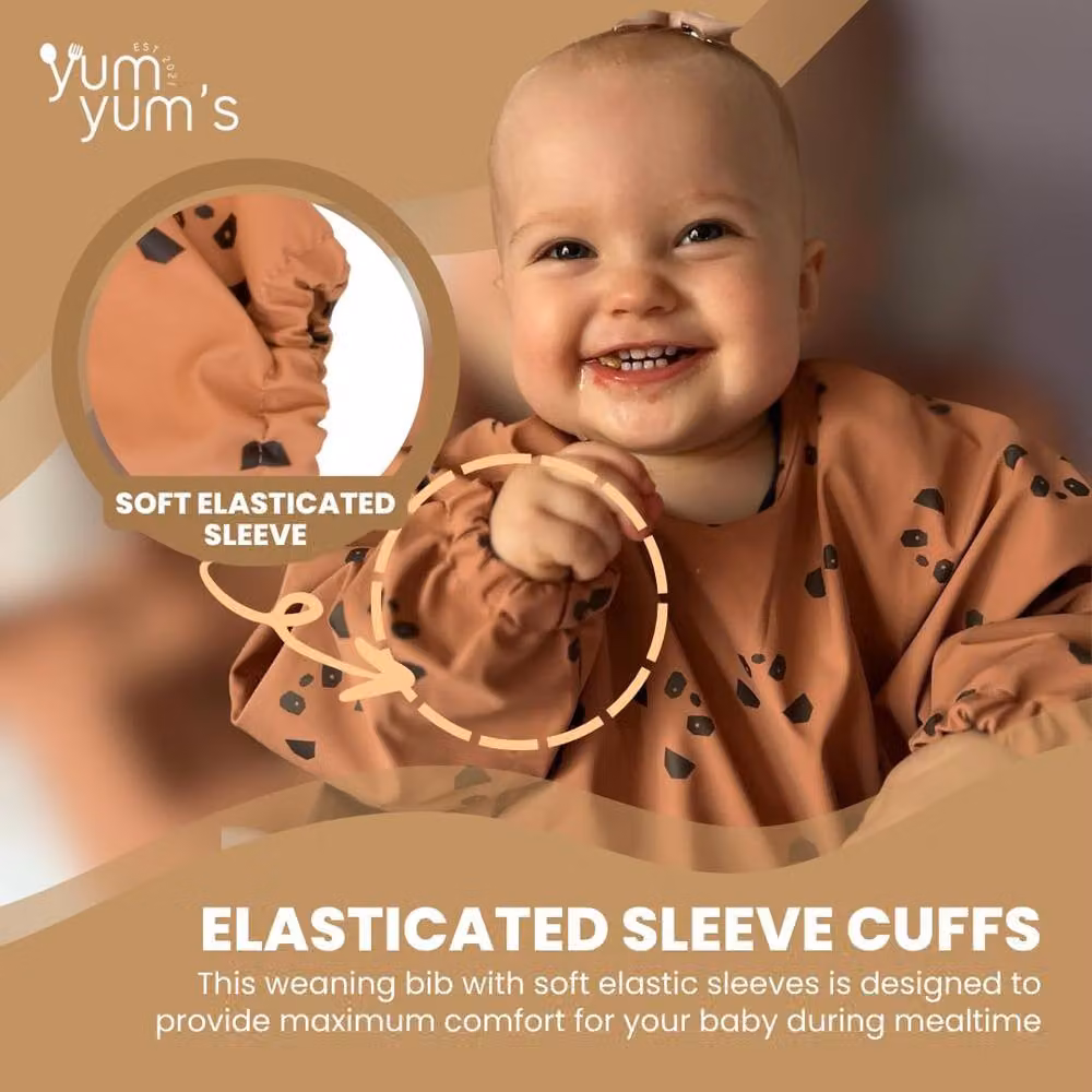 Yum Yums Silicone Sleeved Smock Baby Weaning Bib in Brown Panda Paws – 2