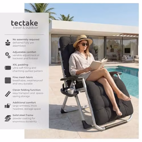 tectake Set of 2 Black Textilene Sun Loungers with Powder Coated Steel Frame, Adjustable Headrest, Armrests and Side Tray – 4