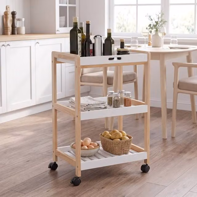 STILVORA Kitchen Trolley with 3 Shelves and Lockable Wheels in White – 1