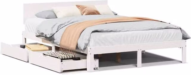Berkfield Home White Pine Wood Bed Frame with Drawers W: 140 cm, D: 200 cm