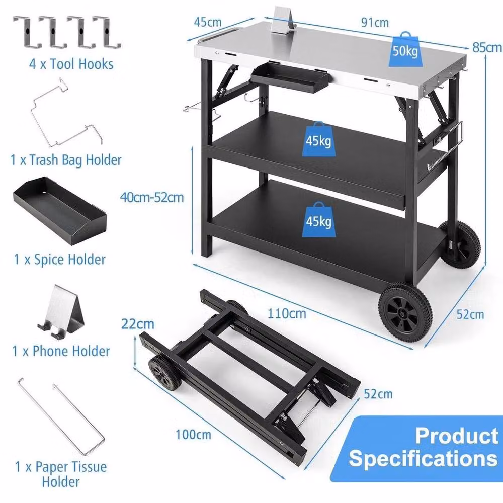 EONLION 3 Tier Folding BBQ Serving Trolley in Black – 2