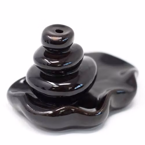 KDMD Black Ceramic Back Flow Incense Burner with Large Pebbles into Pool Design
