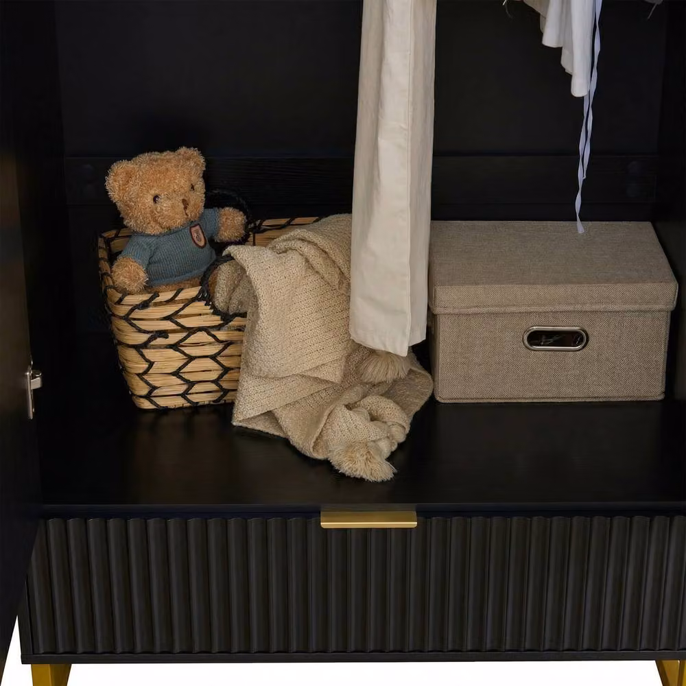 FURNITURE ONE Modern 2-Door Wardrobe Cabinet with Integrated Soft-Close Drawers in Matt Black and Gold – 4