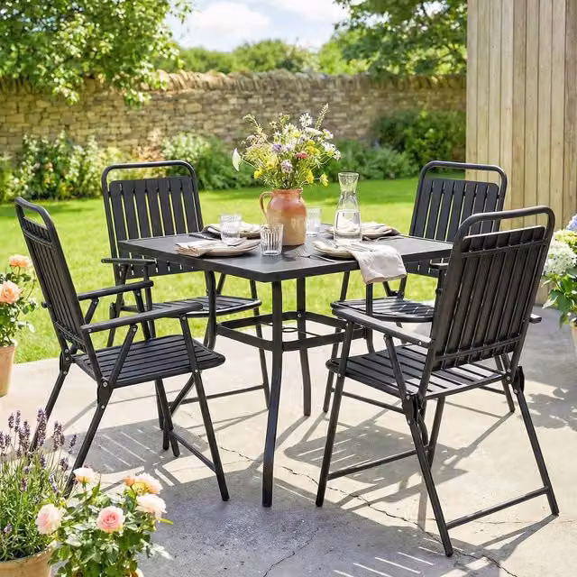 Outsunny Set of 4 Folding Garden Chairs in Black with Plastic Seats and Metal Frames – 8