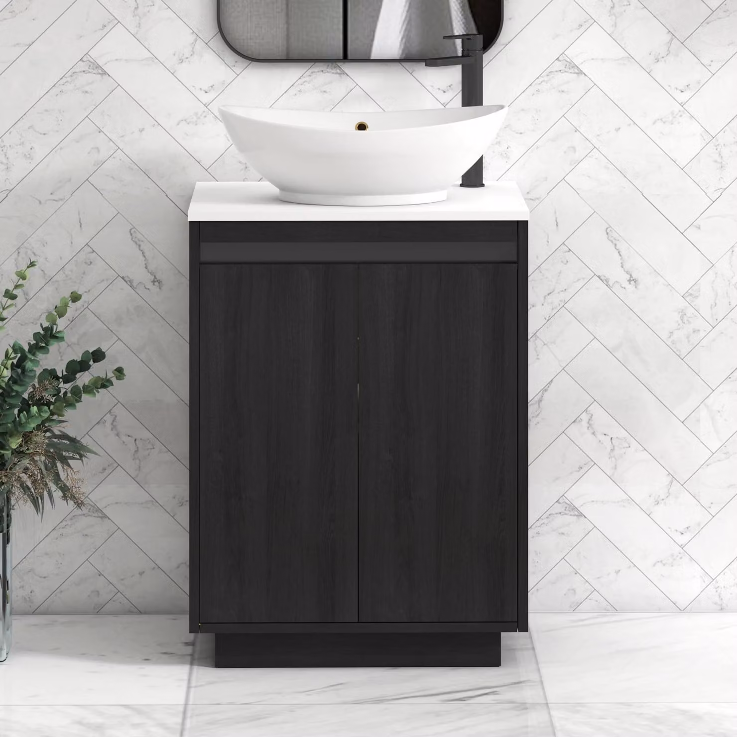 Royal Bathrooms Orion 600mm Hale Floor Standing Vanity Unit with Amaze Basin and Black Accent Trim, White and Black